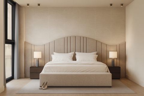 Beige golfvormig headboard met verticale lijnen, op maat voor luxe designslaapkamer