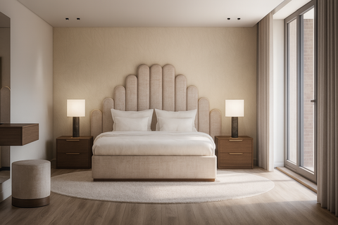 Zacht beige headboard met organisch patroon en afgeronde vormen, op maat gemaakt