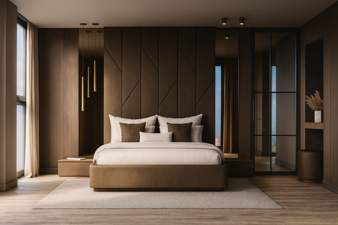 Beige headboard op maat in tweedstof met geïntegreerde houten panelen en nachtkastjes