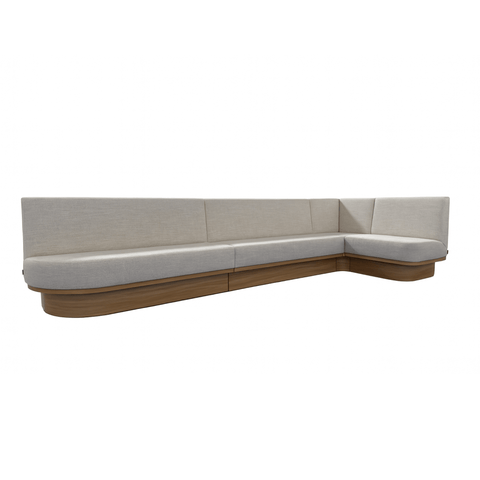 Eetkamerbank Kyomi L-bank in Japandi-stijl met houten onderstel en lichtgrijze bekleding