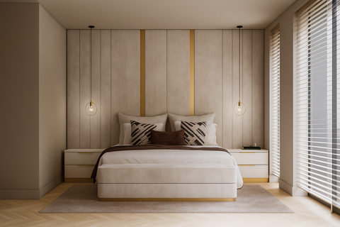 Luxueus beige headboard op maat met messing accenten in elegante slaapkamer